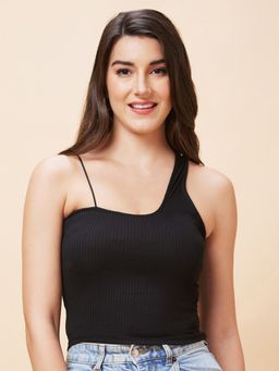 Globus - Women Black Solid Shoulder Strips Ribbed Casual Top