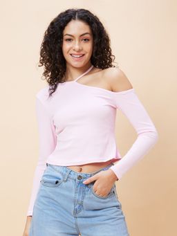 Globus - Women Pink Solid Ribbed One Shoulder Casual Top