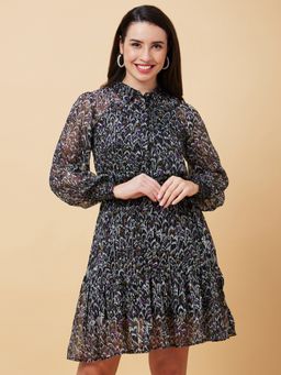 Globus - Women Black Print Shirt Collar Casual Belted Fit and Flare Dress (Set of 3)