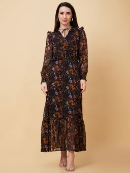 Globus - Women Black Floral Print V Tie Up Neck Ruffled Casual Maxi Dress