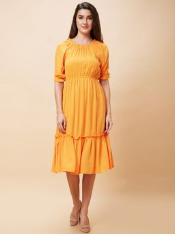 Globus - Women Orange Solid Ruffled Neck Casual Fit and Flare Midi Dress