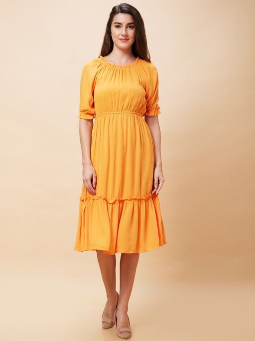 knee length dresses for ladies Mitrika Peach Cotton Tiered A-Line Fit & Flare Midi Dress main image 1