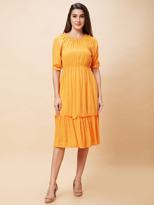 Buy Globus Women Orange Solid Ruffled Neck Casual Fit and Flare Midi Dress  Online