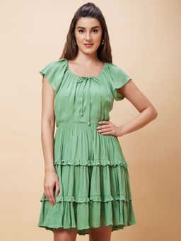 Globus - Women Green Solid Round Neck Casual A-Line Tiered Dress