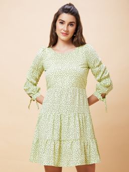 Globus - Women Lime Green Polka Dots Print Round Neck Casual Fit and Flare Dress
