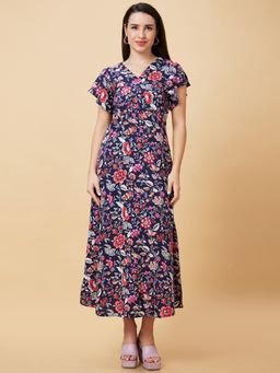 Globus - Women Navy Floral Print V-Neck Casual Maxi A-Line Dress