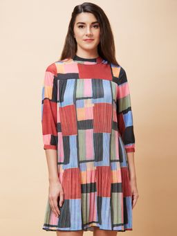 Globus - Women Multicolour Colour Blocked High Neck Casual A-Line Dress