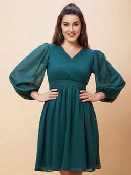 Globus - Women Dark Green Self Design Wrap V-Neck Casual Fit and Flare Dress