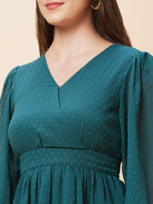 Buy Globus Women Dark Green Self Design Wrap V-Neck Casual Fit and Flare  Dress Online