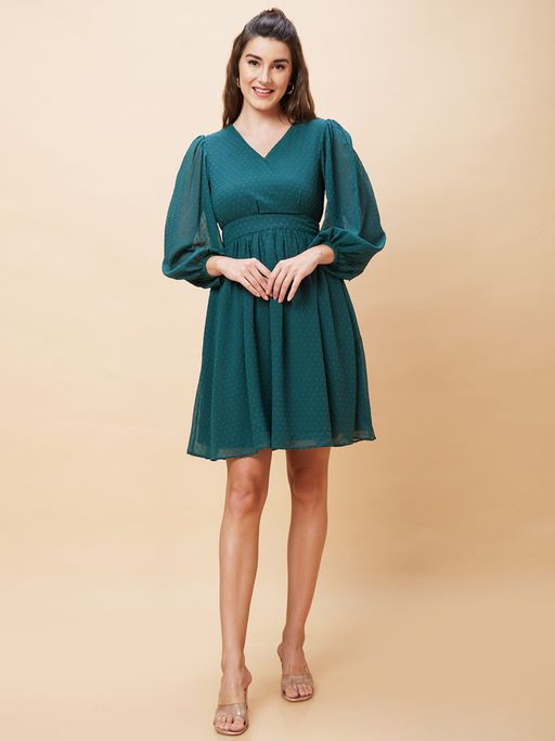 Buy Globus Women Dark Green Self Design Wrap V-Neck Casual Fit and Flare  Dress Online