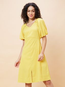 Globus - Women Yellow Solid V-Neck Casual A-Line Dress