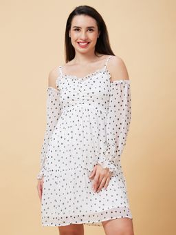 Globus - Women White Polka Dots Print Ruffle Dobby Off-shoulder Casual Fit and Flare Dress