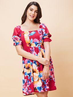 Globus - Women Red Floral Print Square Neck Casual A-Line Dress