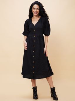Globus - Women Black Solid V-Neck Smocked Casual Fit and Flare Midi Dress
