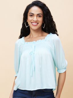 Globus - Women Blue Solid Ruffle Square Neck Smocked Casual Top