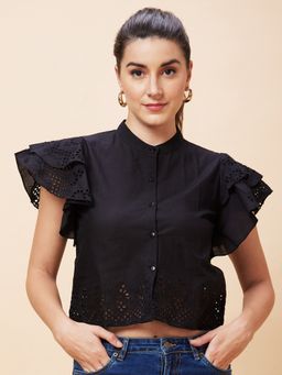 Globus - Women Black Schiffli Self Design Mandarin Collar Casual Shirt Style Crop Top