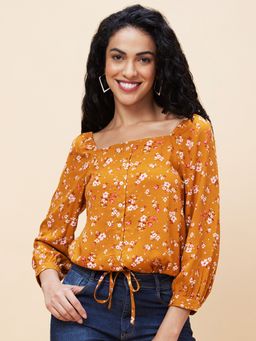 Globus - Women Yellow Floral Print Square Neck Tie Up Casual Top