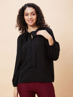 Globus - Women Black Solid Tie-up Neck Casual Top
