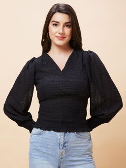 Globus - Women Black Self Design Wrap V-Neck Smocked Casual Top