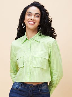 Globus - Women Green Striped Casual Shirt Style Crop Top