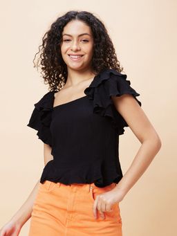 Globus - Women Black Solid Square Neck Smocked Casual Top