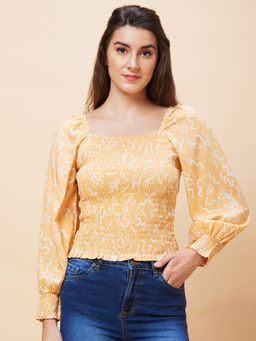 Globus - Women Yellow Floral Print Square Neck Smocked Casual Top