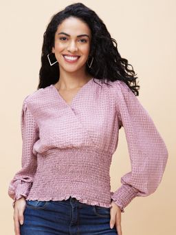 Globus - Women Mauve Self Design Wrap V-Neck Smocked Waist Casual Top