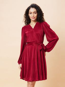 Globus - Women Wine Wrap Neck Bishop Sleeves Accordion Pleated Belted A-Line Dress