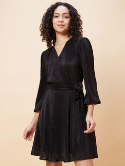 Globus - Women Black Wrap Neck Bishop Sleeves Accordion Pleated Belted A-Line Dress