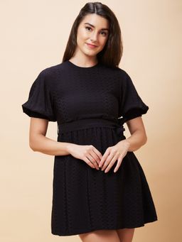 Globus - Women Black Schiffli Self Design Round Neck Party A-Line Belted Dress (Set of 2)