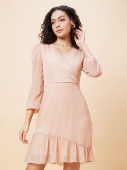 Globus - Women Peach Solid Wrap V-Neck Party A-Line Dress