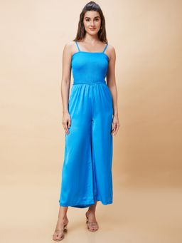 Globus - Women Blue Solid Smocked Strappy Party Jumpsuit
