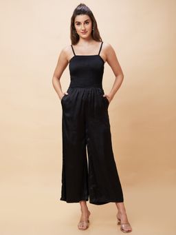 Globus - Women Black Solid Smocked Strappy Party Jumpsuit