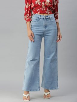SHOWOFFFF - Women Clean Look Blue Wide Leg Denim Jeans