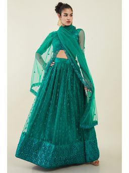 Soch - Women Teal Net Embroidered Unstiched Lehenga with Sequins (Set of 3)