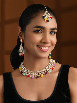 I Jewels - Multi-Color Gold Plated Traditional Kundan Necklace Jewellery Set