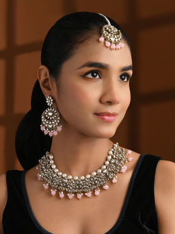 I Jewels - Gold Plated Pink Traditional Kundan Choker Necklace Jewellery Set K7269Pi