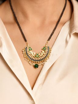 I Jewels - Traditional Meena Work Pearl Pendant With Black Bead Chain Mangalsutra