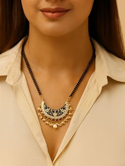 I Jewels - Traditional Meena Work Pearl Pendant With Black Bead Chain Mangalsutra