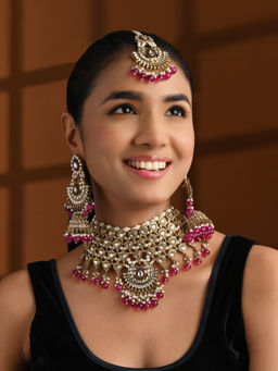 I Jewels - Traditional Kundan & Pearl Drop Bridal Choker Necklace Jewellery Set