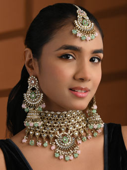 I Jewels - Traditional Kundan & Pearl Drop Bridal Choker Necklace Jewellery Set
