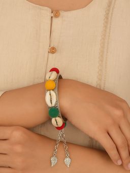I Jewels - Navratri Silver Oxidised Colorful Pom-Pom and Cowrie Shell Adjustable Cuff Kada (Adb525Ox)