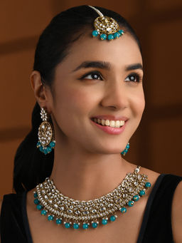 I Jewels - Gold Plated Blue Traditional Kundan Pearl Bridal Jewellery Set