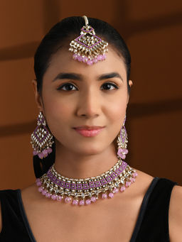 I Jewels - Purple Traditional Gold Plated Kundan and Pearl Jewellery Set