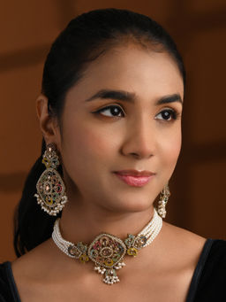 I Jewels - Gold Plated Multi-Color Stone Kundan Pearl Choker Jewellery Set