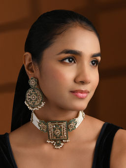 I Jewels - Gold Plated Traditional Kundan Multi-Color Pearl Choker Jewellery Set