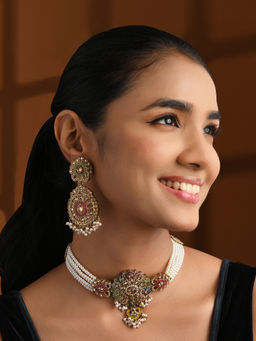 I Jewels - Multi-Color Kundan and Pearl Studded Floral Choker Jewellery Set