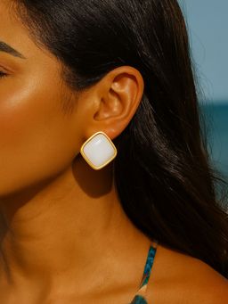 I Jewels - Gold Tone White Center Square Stud Earrings