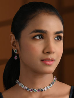 I Jewels - Multi-Color Sliver-Plated Cubic Zirconia and American Diamond Jewellery Set for Women