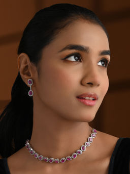 I Jewels - Pink Sliver-Plated Cubic Zirconia and American Diamond Jewellery Set for Women